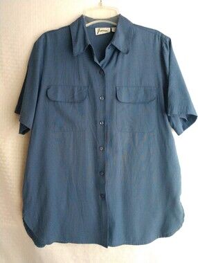 Vintage Joanna Women's Short Sleeve Camp Shirt Blue Cottage Mom Large Chest 40"